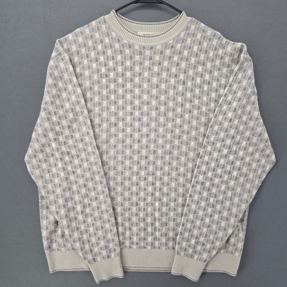Pronto Uomo Mens XXL Wool Blend Textured Grid Crewneck Sweater Beige Grey